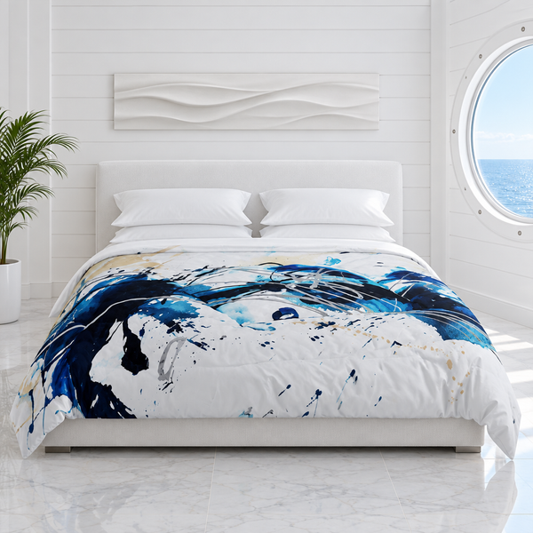 Nautical comforter on a fully visible bed in a bright-white yacht-club suite with a round porthole sea view, white shiplap, horizontal white resin relief, leafy plant, and four white pillows