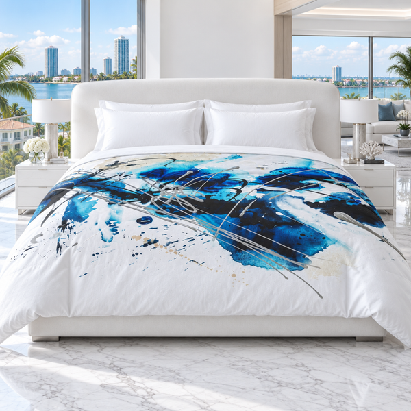 Nautical comforter with larger bed and varied coastal skyline