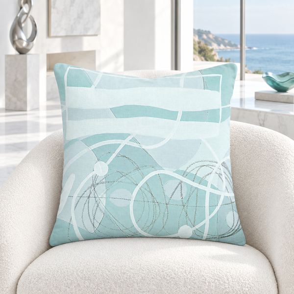 Neutral Laguna pillow in a bright white Malibu gallery villa