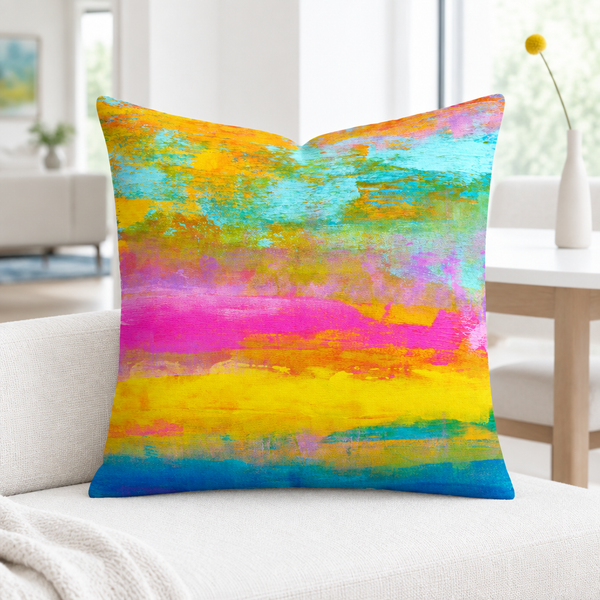 Opal pillow close-up on a bench with one slim modern vase