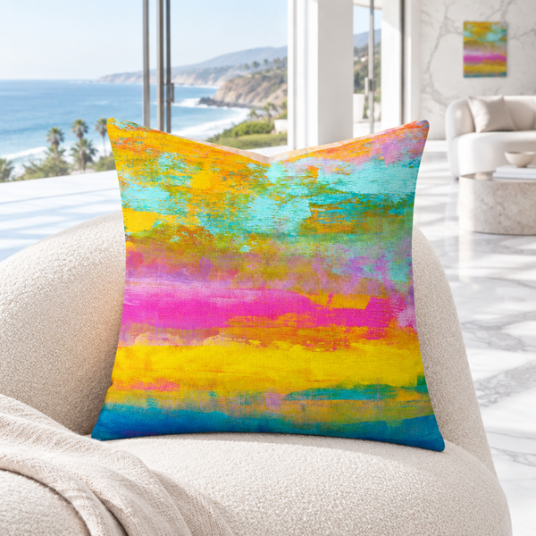 Opal pillow in a bright white Malibu oceanfront mansion with distant matching art
