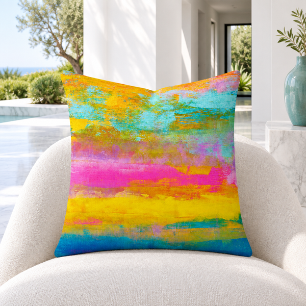 Opal pillow in a cool-white Malibu courtyard home