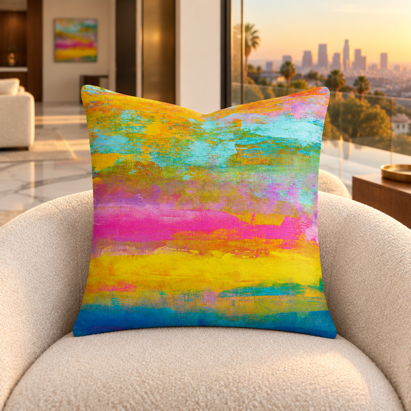 Opal pillow in a warm Hollywood Hills mansion with distant matching art