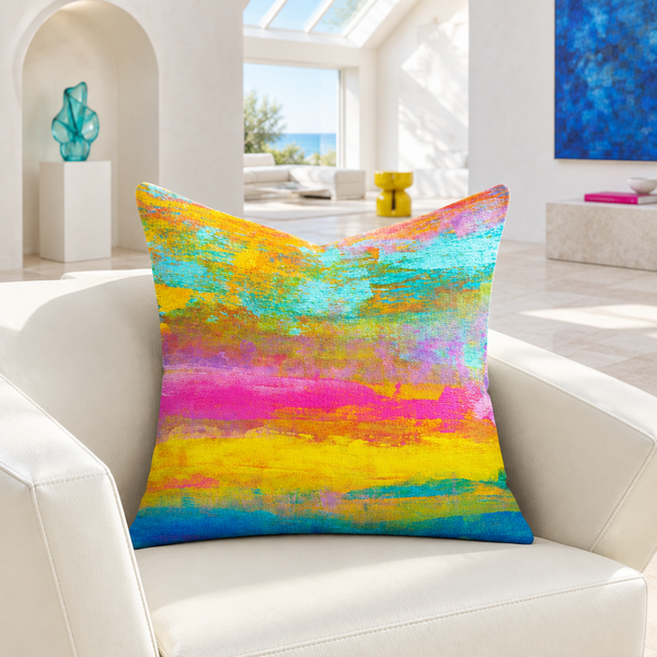 Opal pillow in another bright white room with colorful furnishings