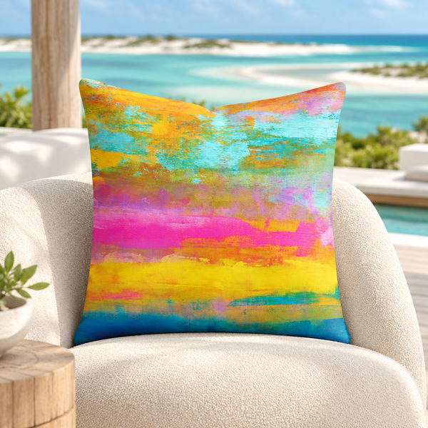 Opal pillow standing upright and plush on a Turks and Caicos beach house terrace above an emerald turquoise lagoon