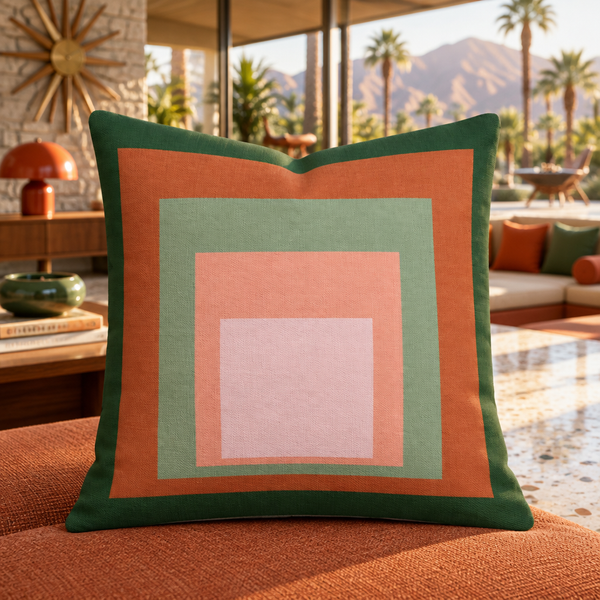 Palm Springs mid-century modern terrazzo lounge, starburst clock, palm/mountain view