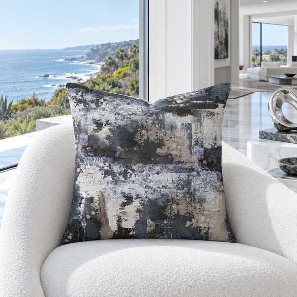 Perspective pillow in a bright cool-white modern Malibu mansion
