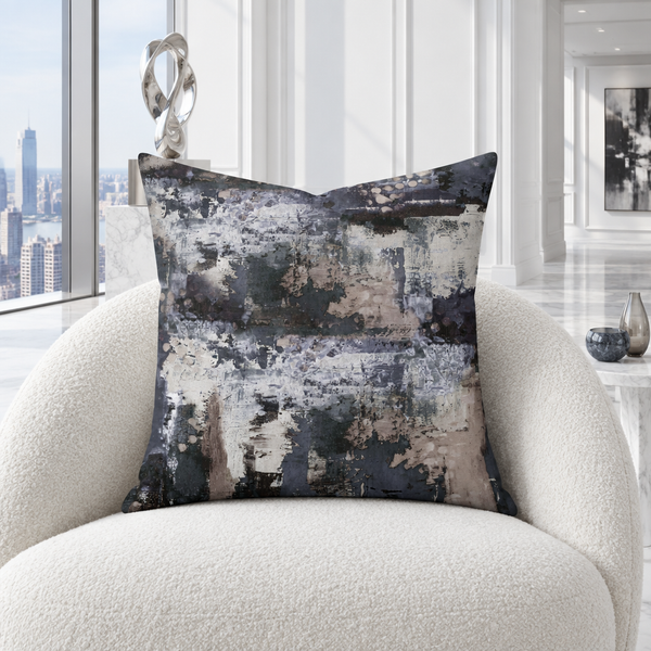 Perspective pillow in a cool bright-white modern room with marble floors