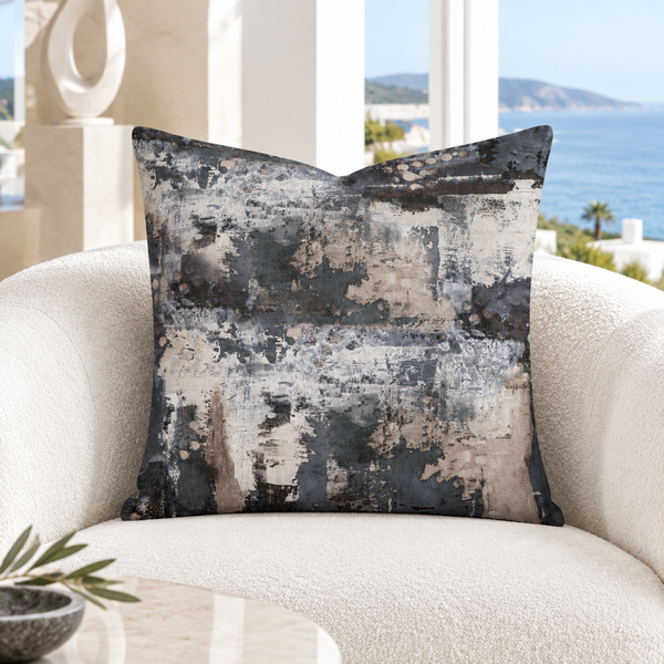 Perspective pillow in a white California coastal gallery home