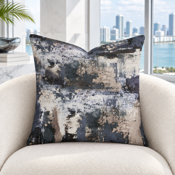 Perspective pillow in a white Miami penthouse