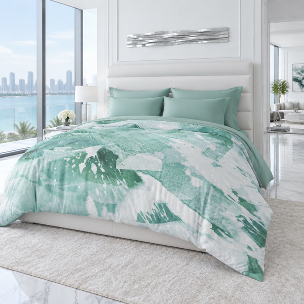 Sea Glass Green comforter in a bright-white Miami mansion suite