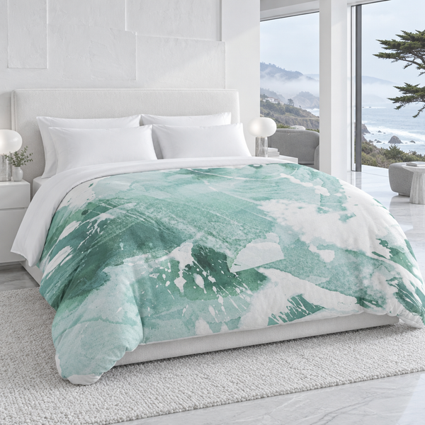 Sea Glass Green comforter in a cool-white coastal room