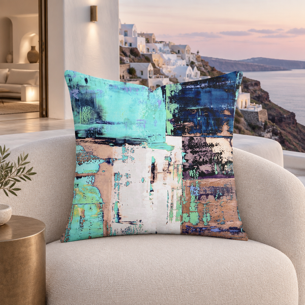 Serene Moments pillow at a contemporary Santorini villa at sunset
