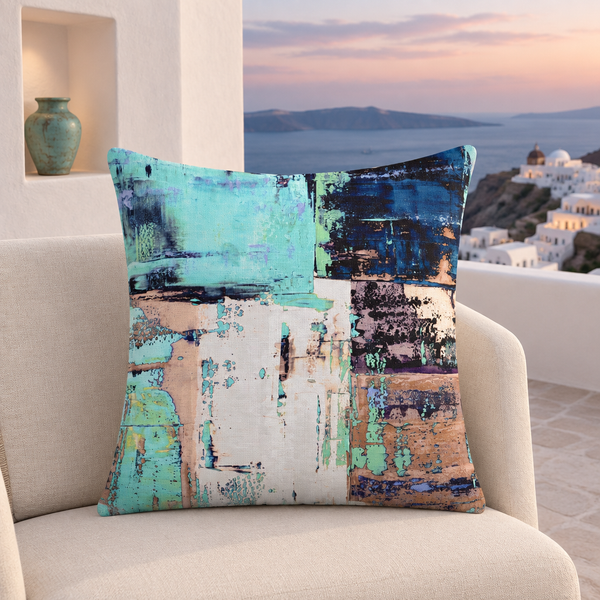 Serene Moments pillow in a sheltered Santorini villa at sunset