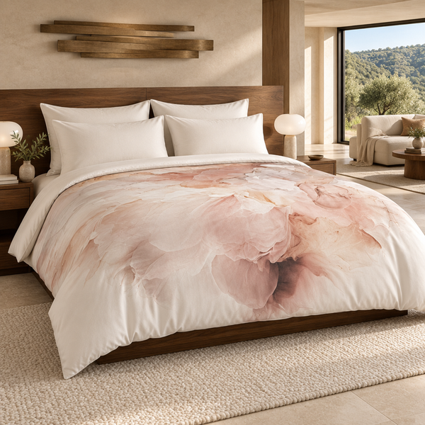 Soft Petals comforter in a warm walnut and limestone suite