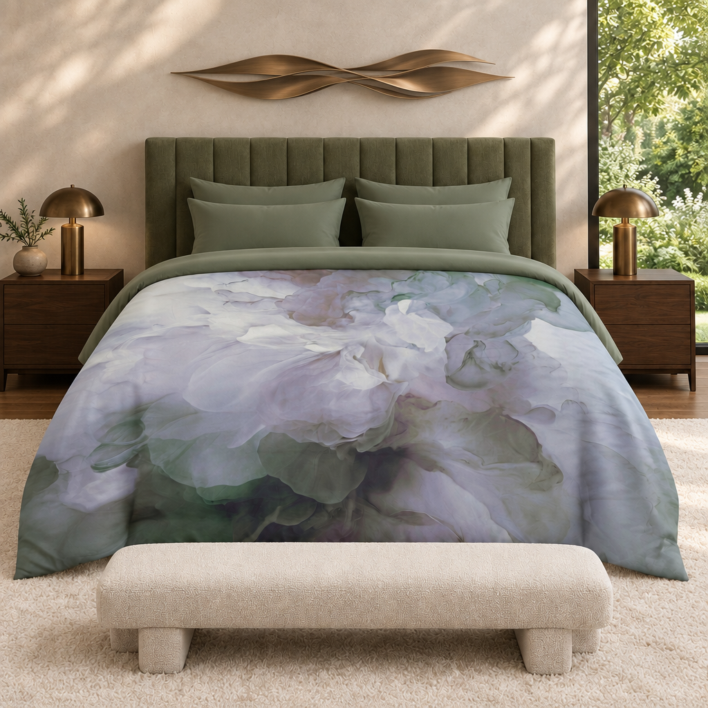 Spring Garden comforter in a moss-green and walnut botanical bedroom with a wide modern horizontal bronze sculpture, coordinated sage sheets and pillows, garden windows, ivory rug, and ivory bench