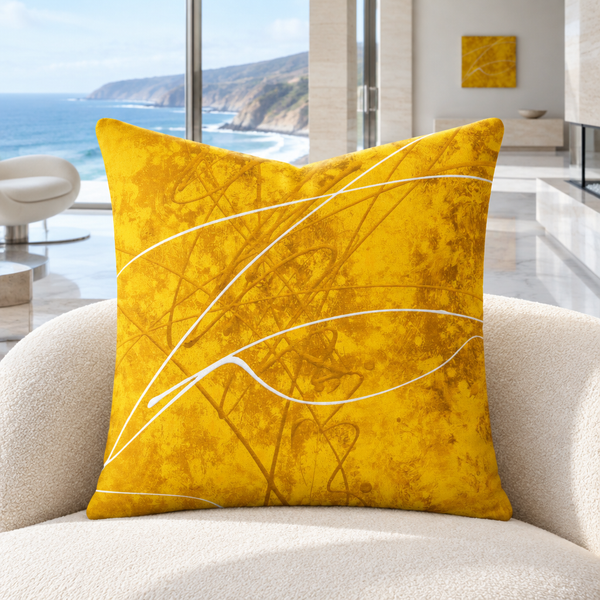 Sunny Day pillow in a bright Malibu mansion with distant matching art