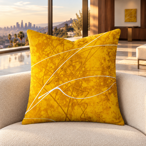 Sunny Day pillow in a warm Hollywood Hills mansion with distant matching art