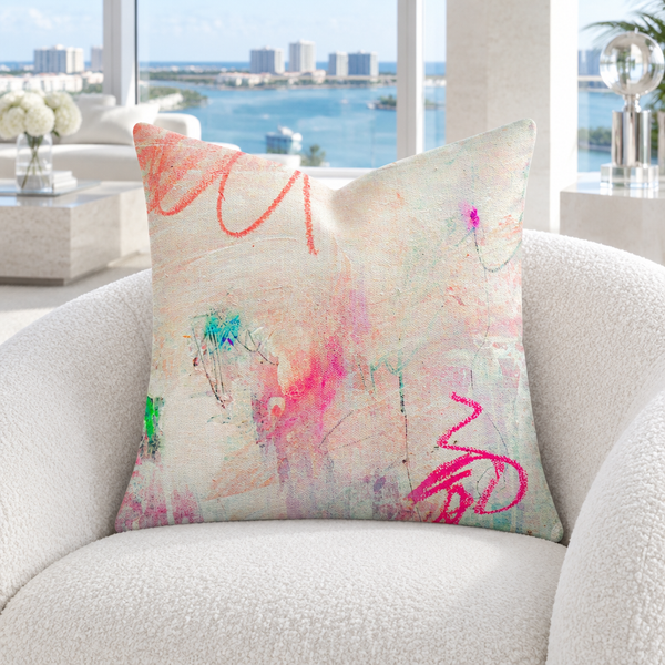 Tenderness pillow in a cool-white coastal room