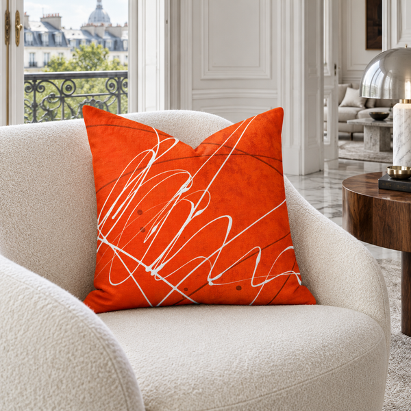 Vermillion pillow in a Paris collector’s apartment